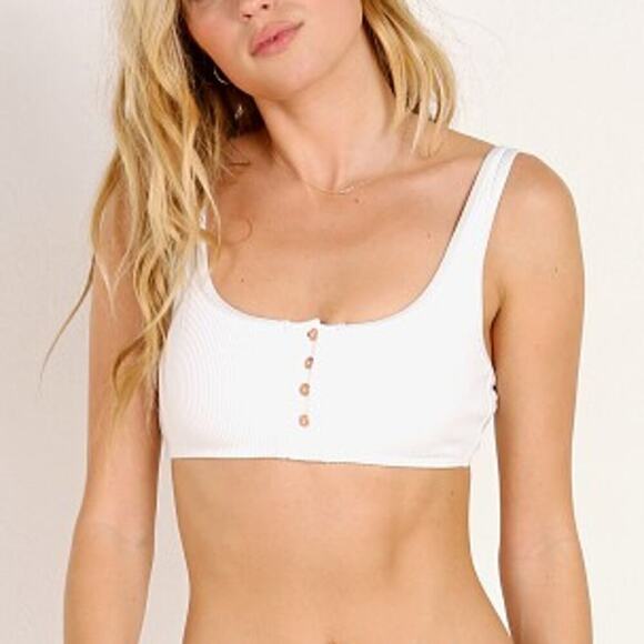 Frankie's Bikinis Alana Button Front Scoop Neck Ribbed Bikini Top White Medium - Picture 1 of 11